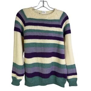 Vintage Hand Knit Wool Sweater Womens 38 Grandpa Stripe Crew Neck Pullover Retro